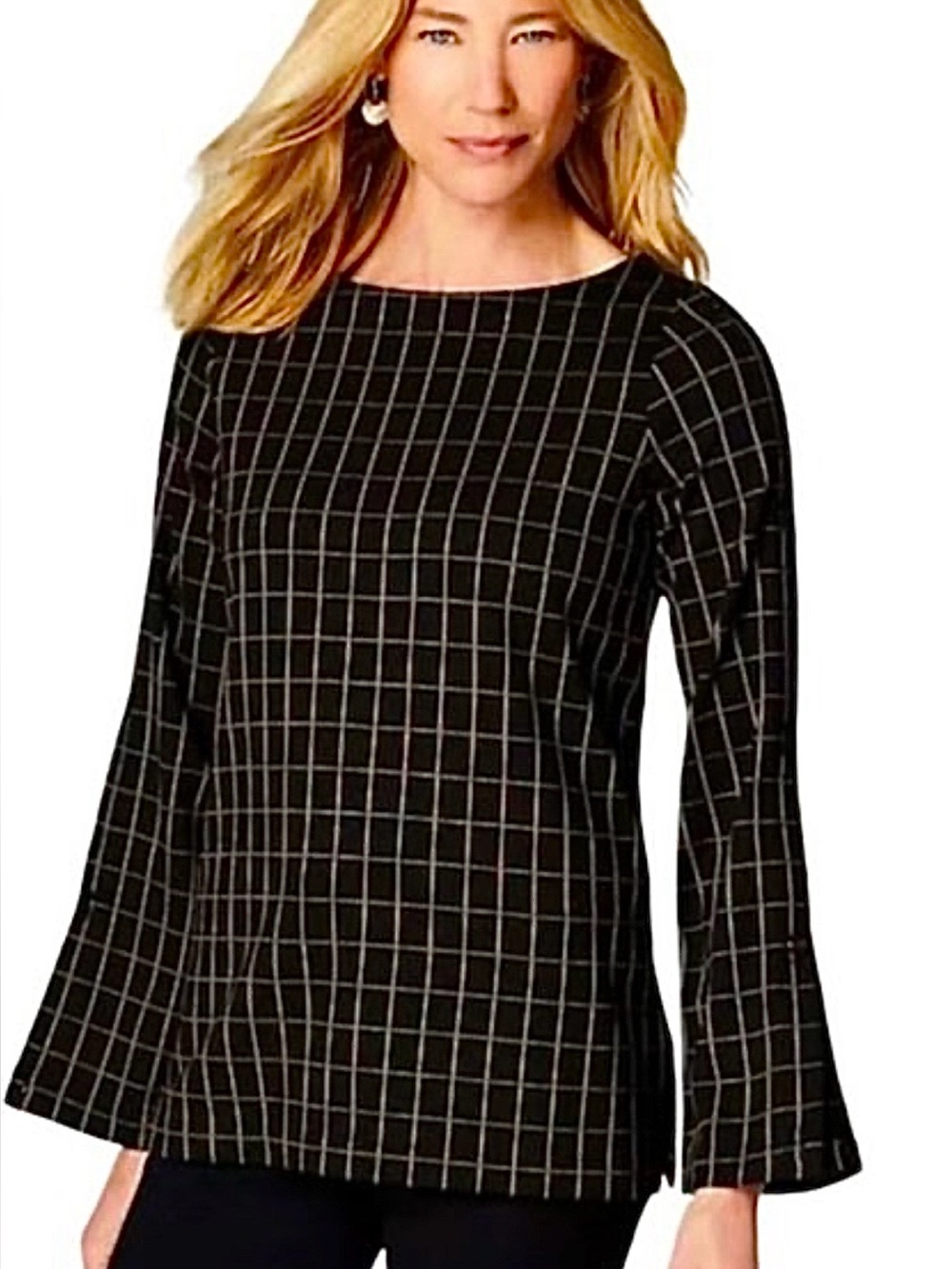 NWT J. Jill Ponte Boatneck Windowpane Top with Button Details on Sleeves